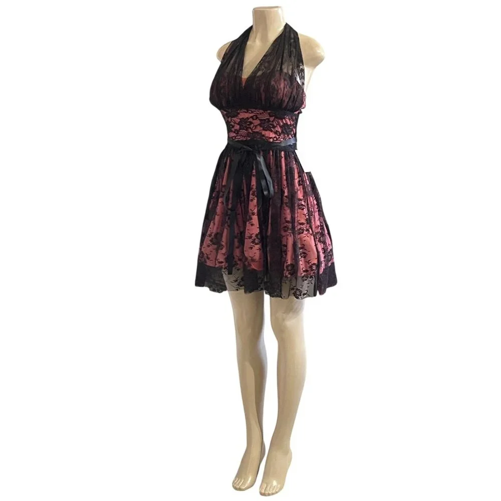 Backless Lace Overlay Halter Mini Dress | Ribbon Tie Waist | Size S | Pink - Picture 6 of 7